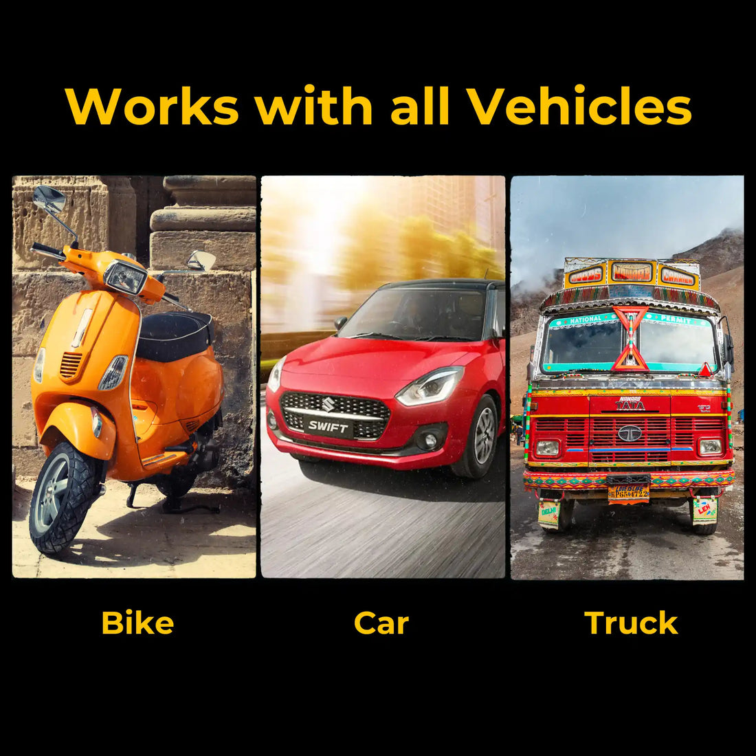 Works with bikes, cars and trucks